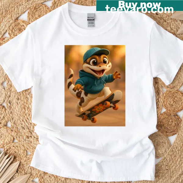 Playful illustration of a pied ball python in skater gear T-shirt