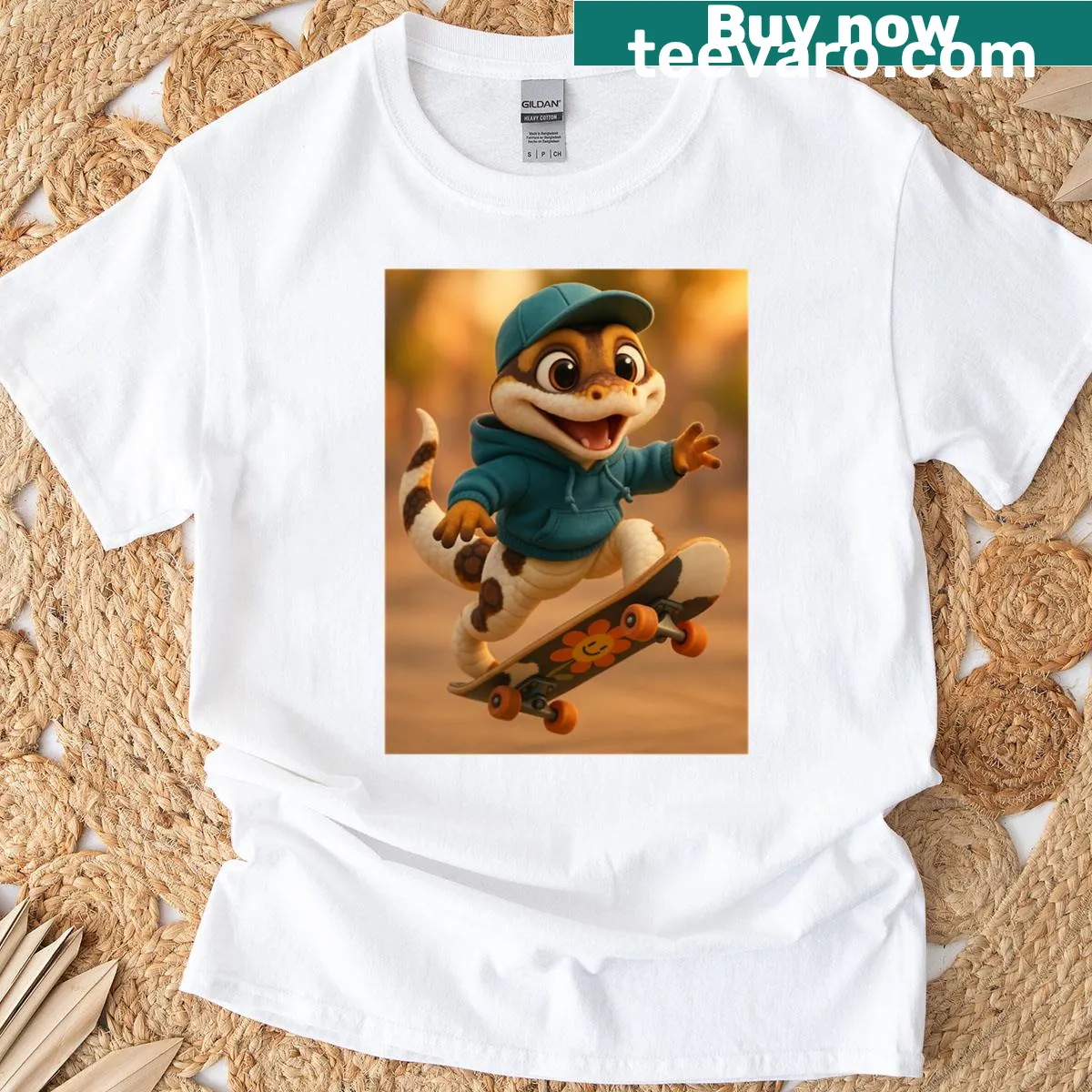 Playful illustration of a pied ball python in skater gear T-shirt — on a men's t-shirt