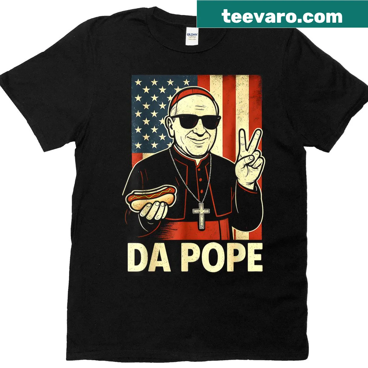Pope and American flag graphic t-shirt — on a men's t-shirt