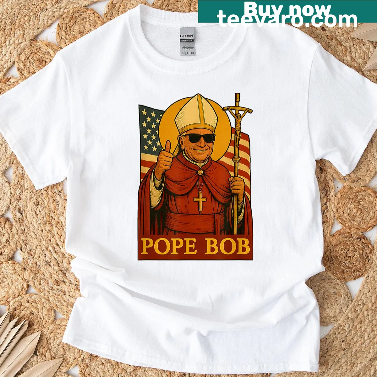 Vintage-style T-shirt featuring Pope Leo icon — on a men's t-shirt