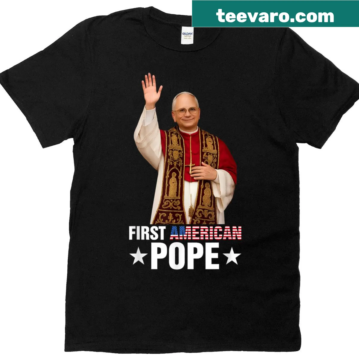 Illustration of Pope Leo XIV with patriotic elements — on a men's t-shirt