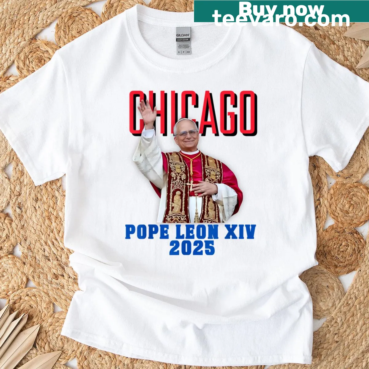 T-shirt featuring Pope Leon XIV with Chicago theme — on a men's t-shirt
