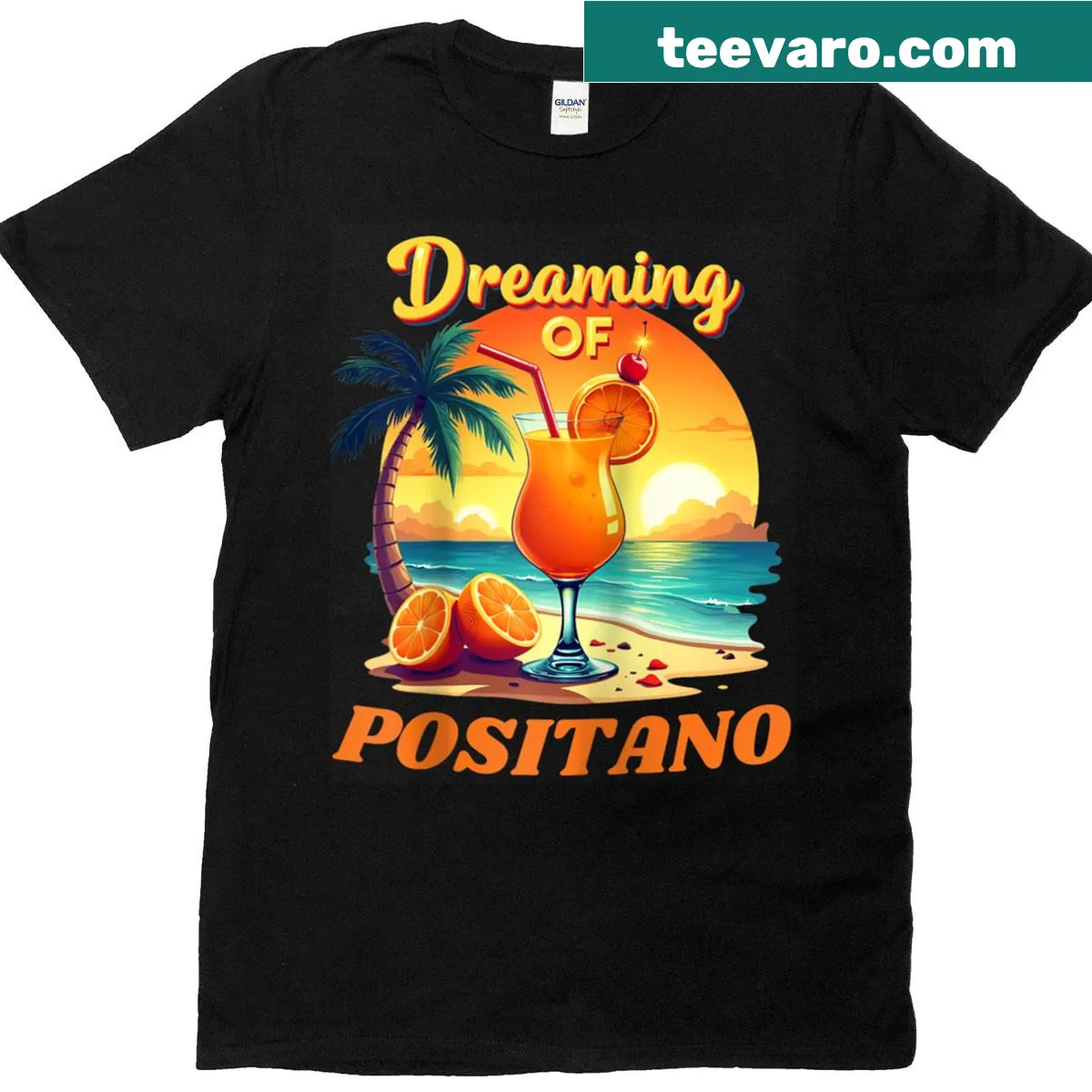 Illustrated holiday T-shirt featuring Positano and travel themes — on a men's t-shirt
