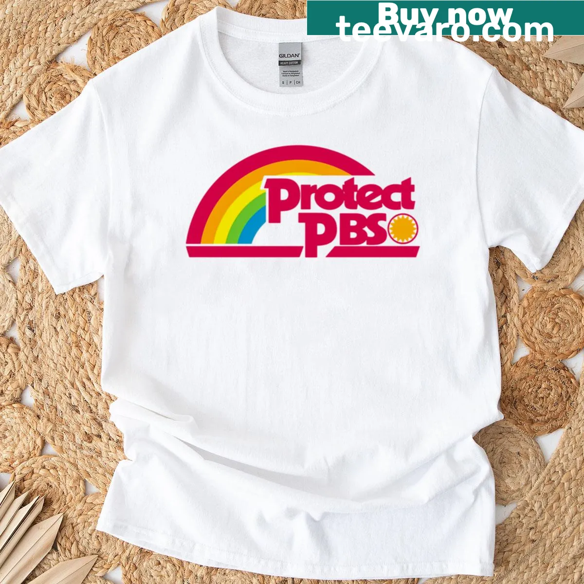 T-shirt with the phrase 'Protect PBS, Save Public Broadcasting' emphasizing media advocacy — on a men's t-shirt