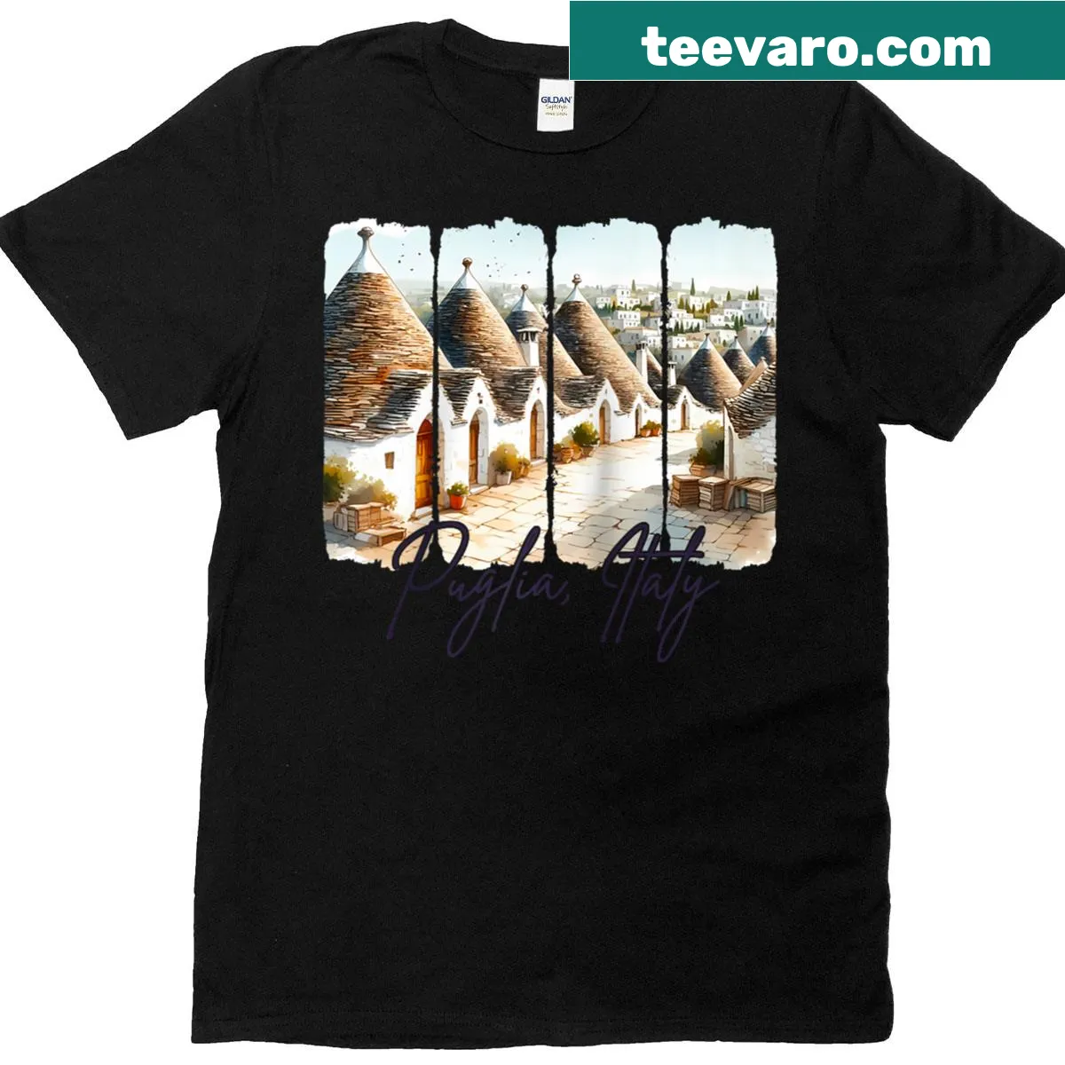 Souvenir T-shirt of Puglia, Italy with playful brushstroke design — on a men's t-shirt