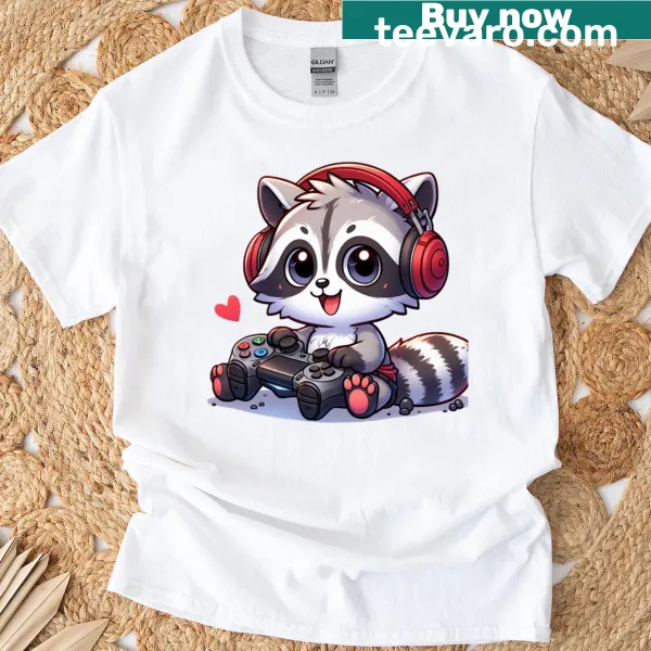 Playful raccoon graphic on a T-shirt for gamers