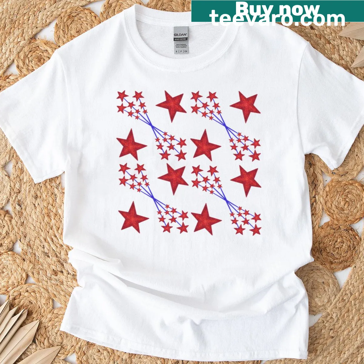 Illustrative design of red stars and fireworks on a premium t-shirt — on a men's t-shirt