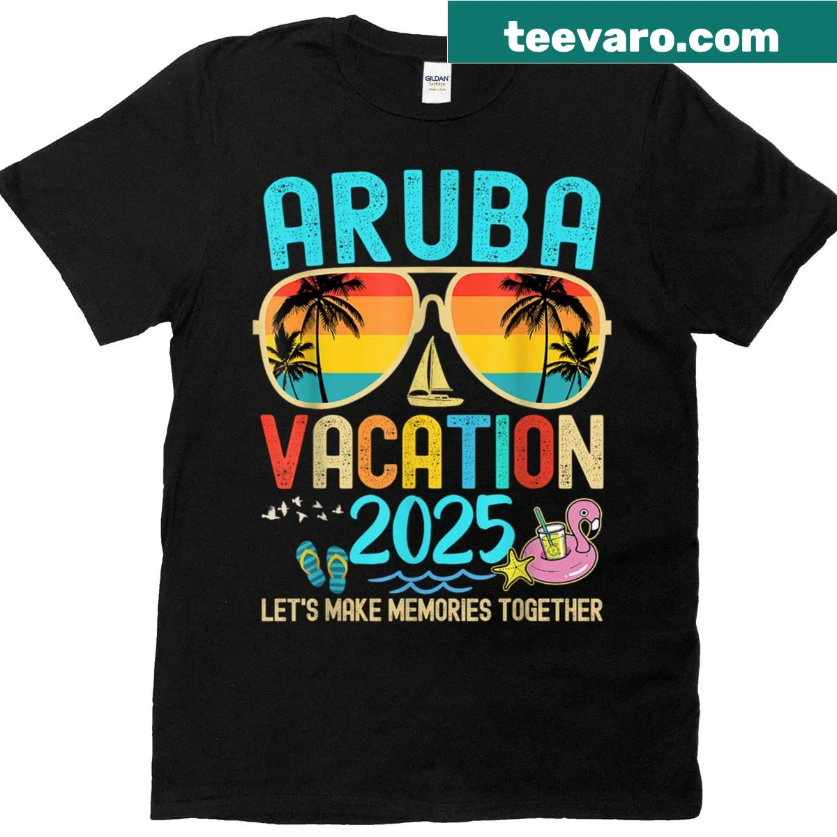 Retro Aruba vacation T-shirt featuring matching group design — on a men's t-shirt