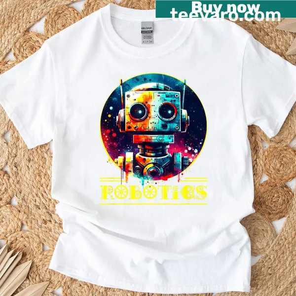 Playful robot graphic on a humorous technology-themed T-shirt.