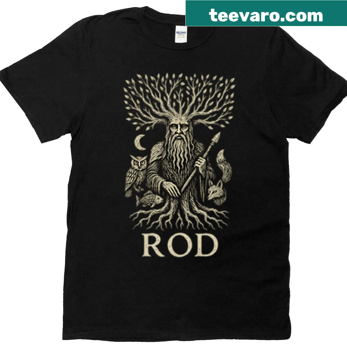 Illustrative T-shirt featuring the Rod, Slavic god of fate — on a men's t-shirt