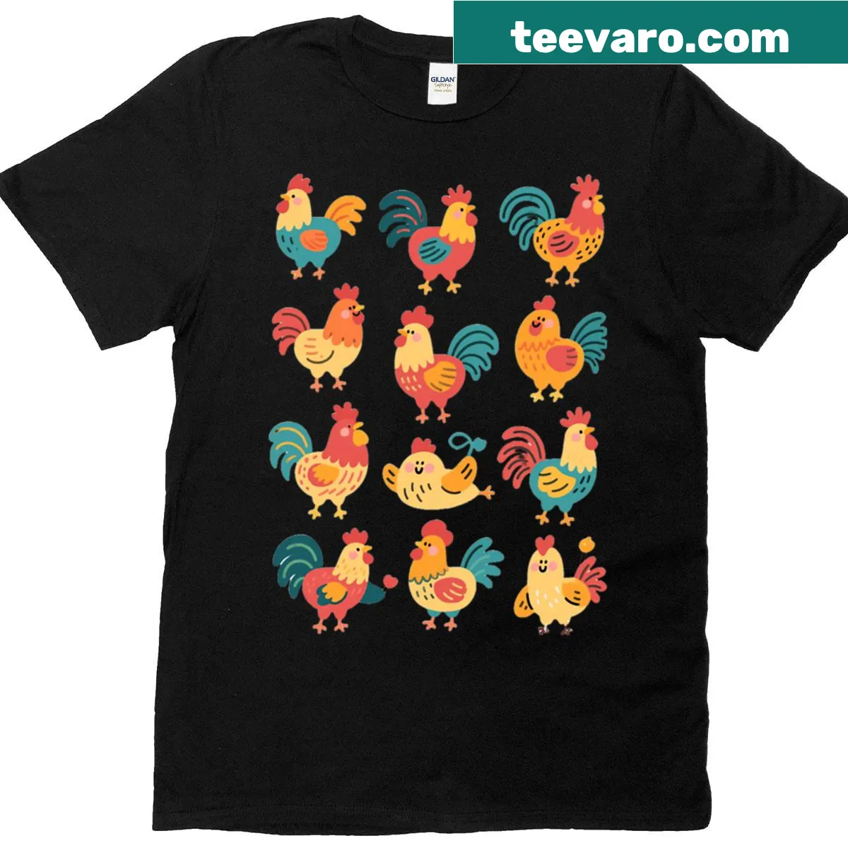 Playful rooster pattern design on a t-shirt for animal lovers. — on a men's t-shirt