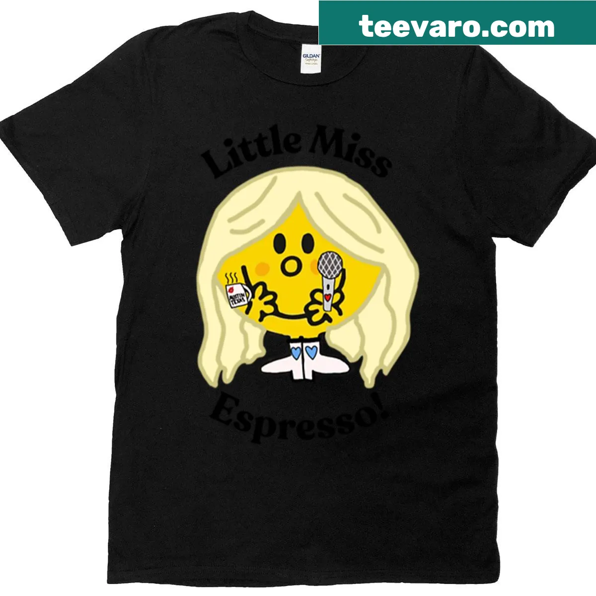 Sticker-style illustration of Little Miss Sunshine character on t-shirt — on a men's t-shirt