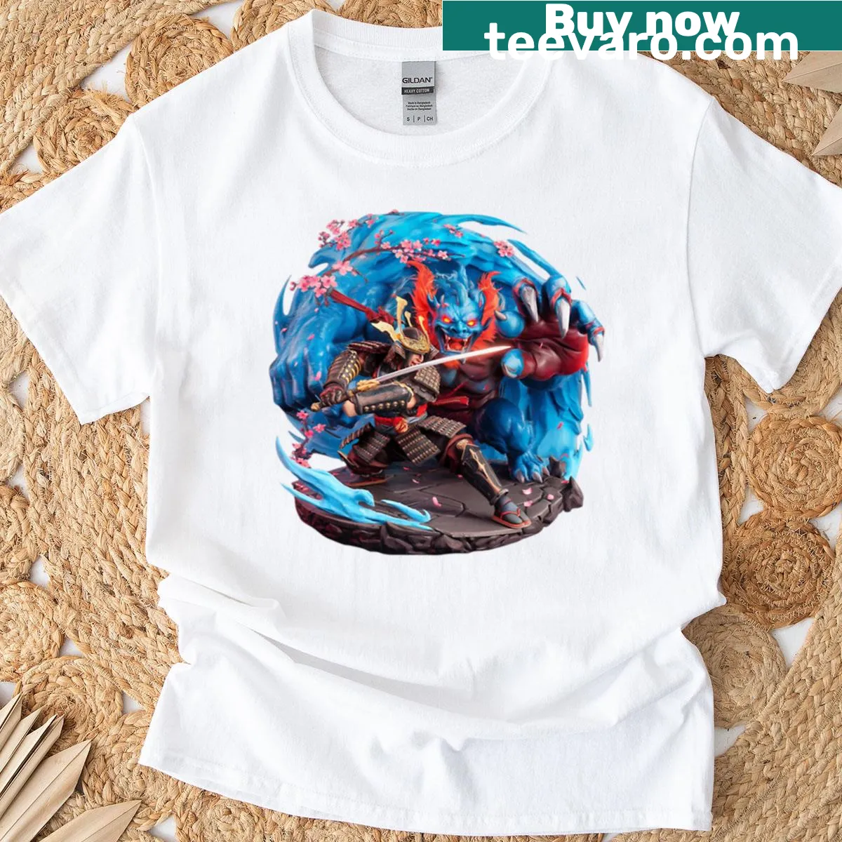 Oversized T-shirt with a samurai facing a beast in a dramatic illustration — on a men's t-shirt