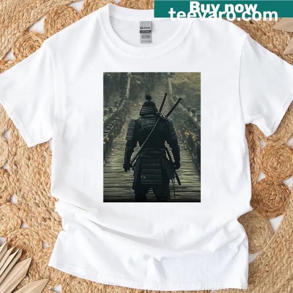 Illustration of a samurai in battle stance on an oversized T-shirt