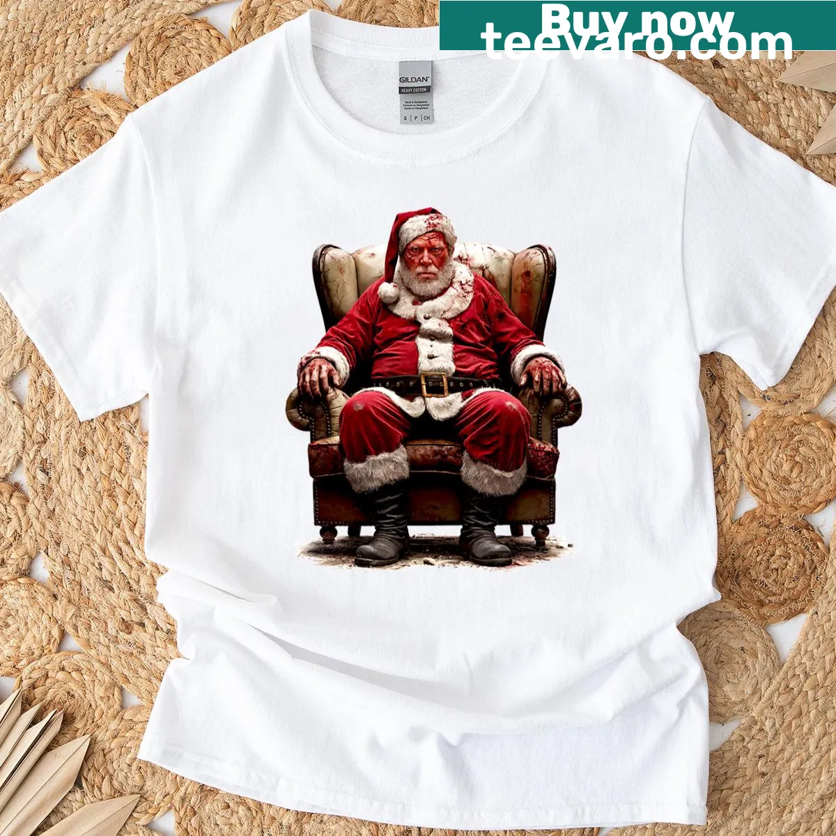 Playful illustration of Santa's last stand on an oversized T-shirt — on a men's t-shirt