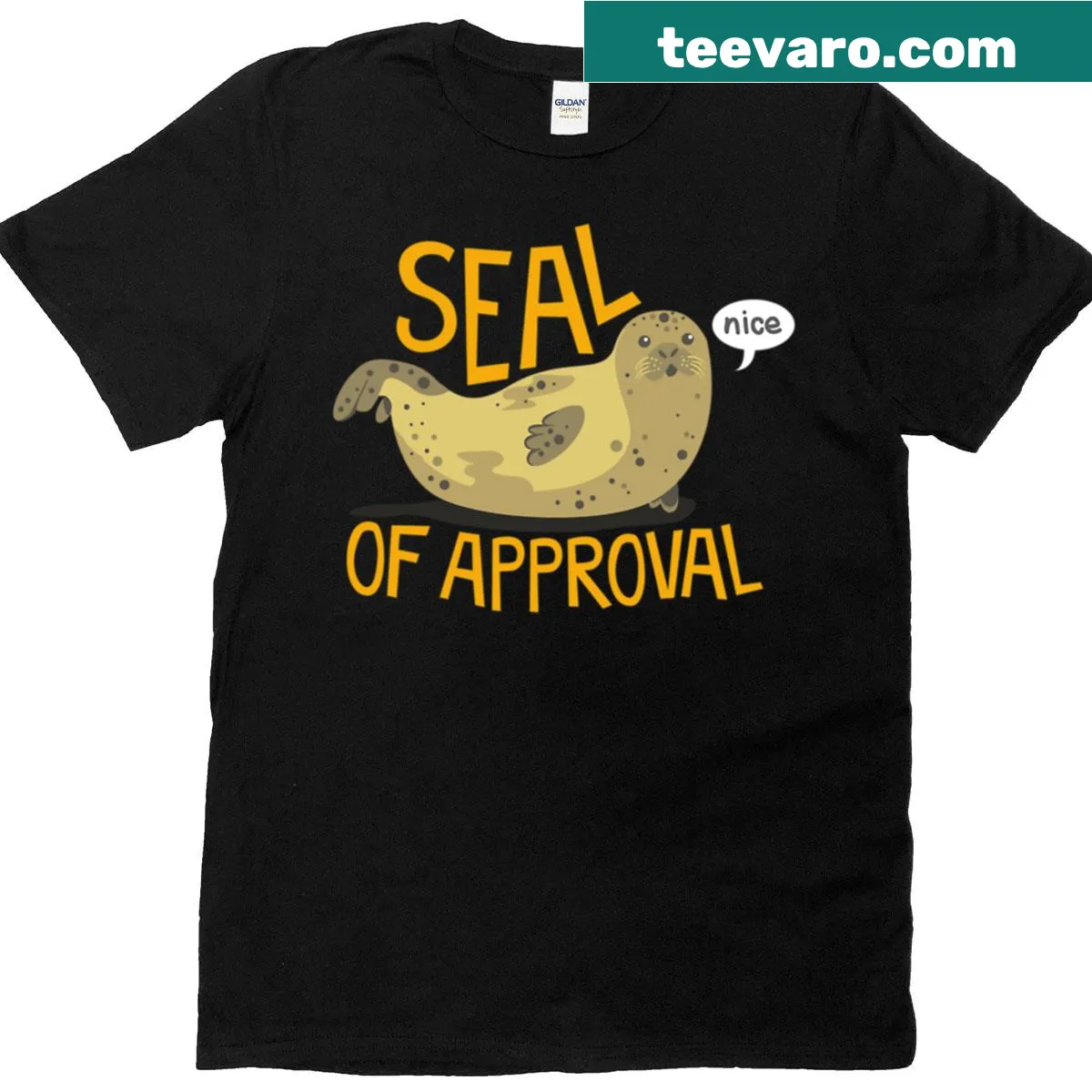 T-shirt featuring a whimsical seal of approval graphic. — on a men's t-shirt