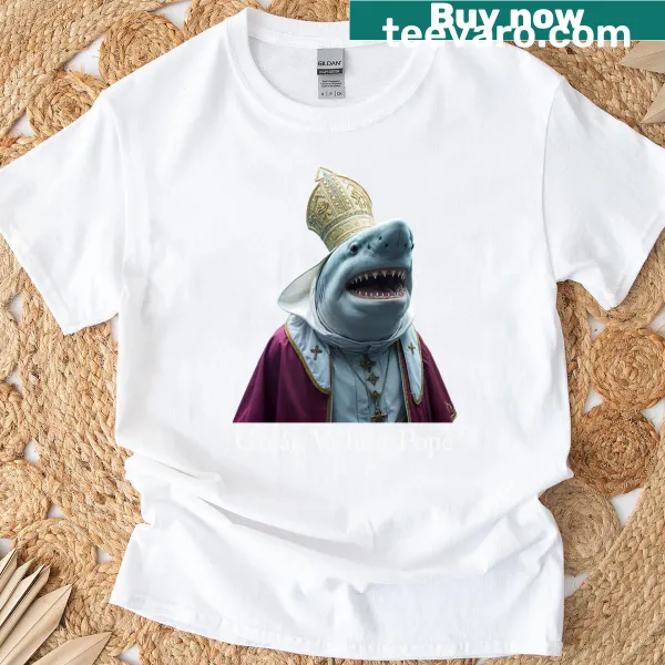 Cartoon shark in pope attire on humorous T-shirt