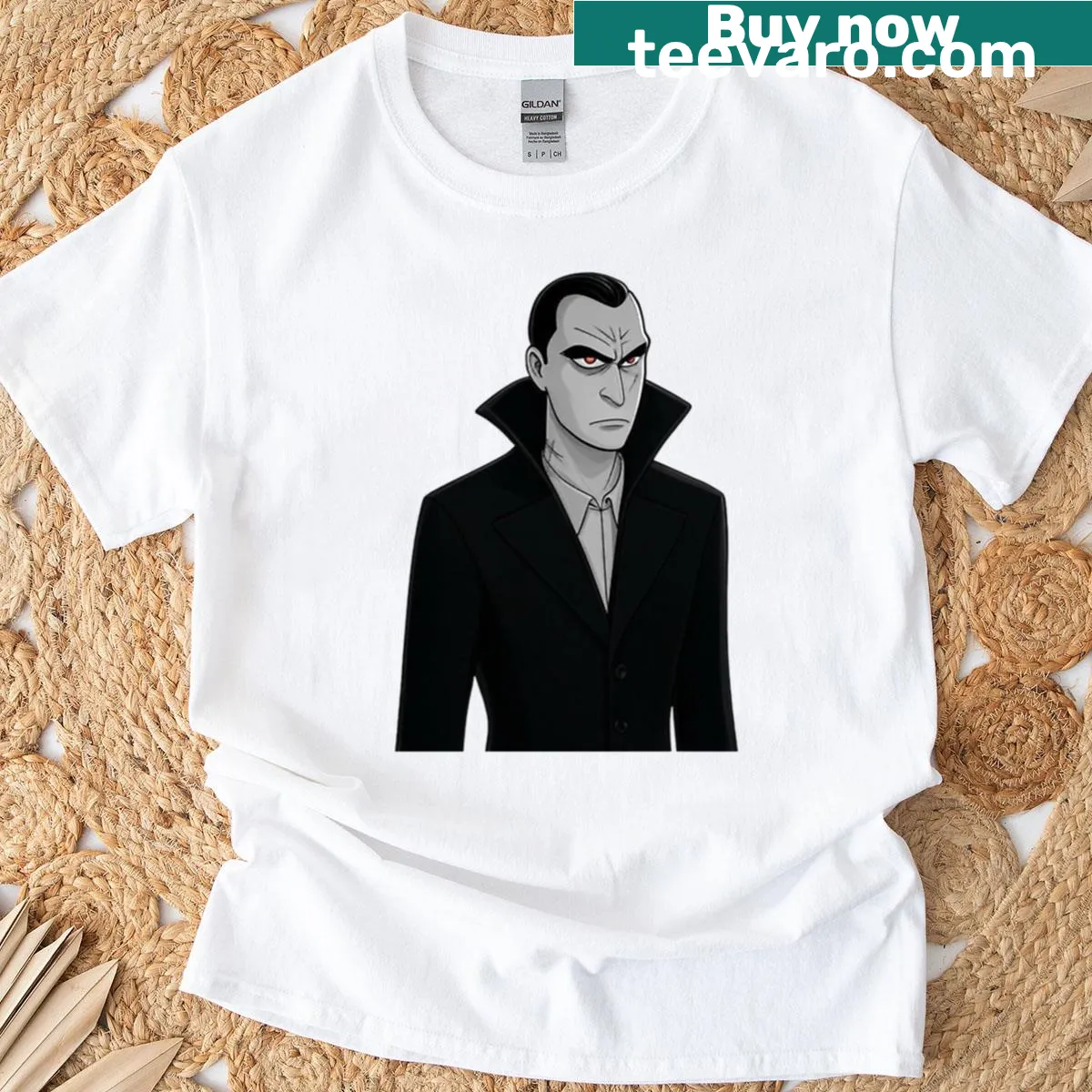 Minimalist oversized tee with cityscape silhouette — on a men's t-shirt
