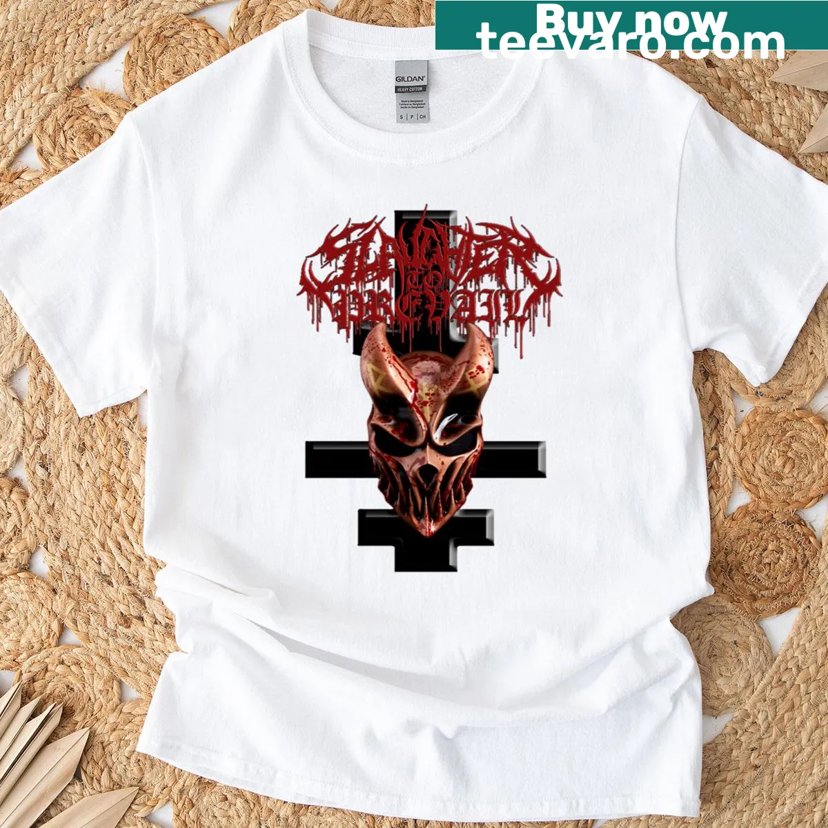 Vintage distressed tee with Slaughter To Prevail mask graphic — on a men's t-shirt
