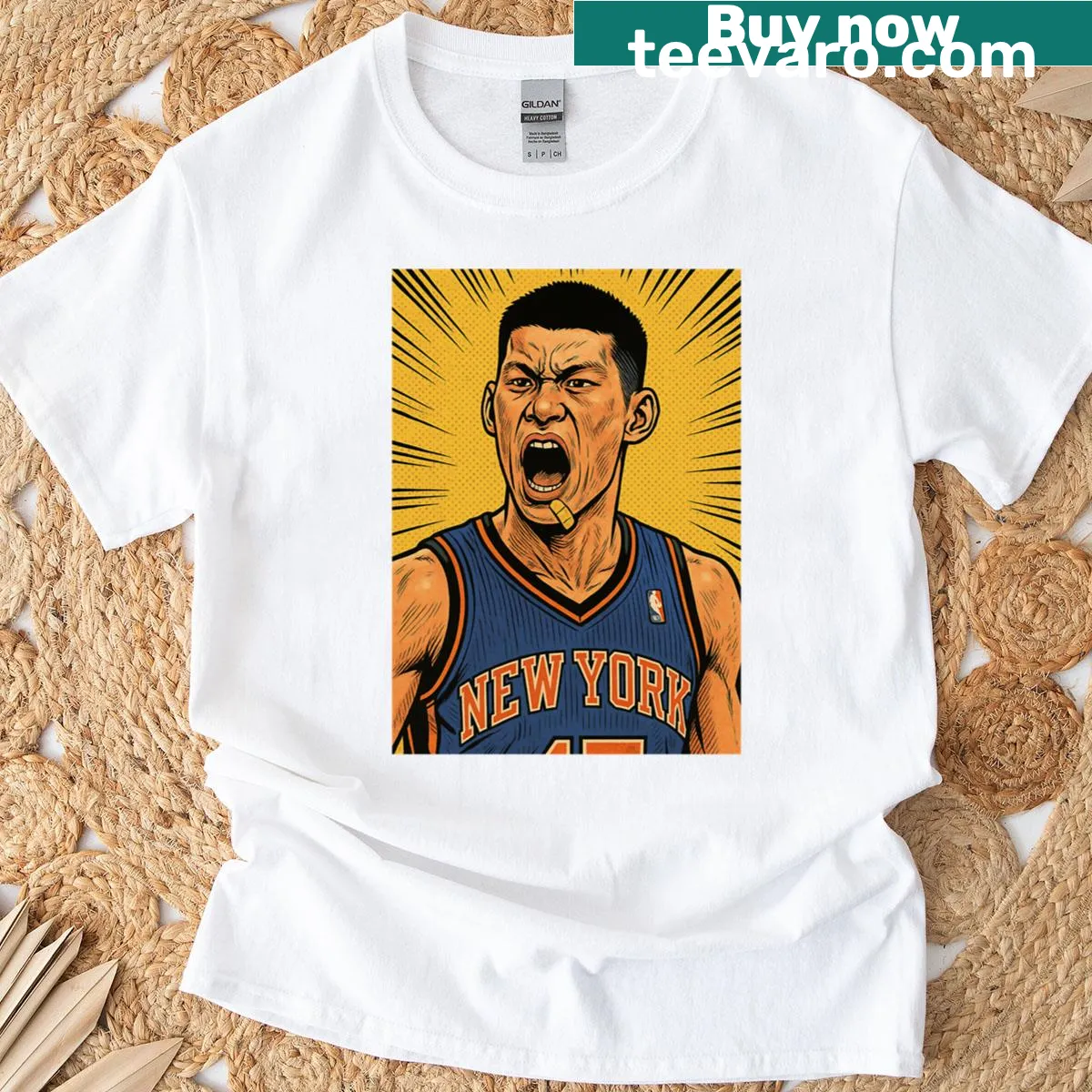 Vintage-style design featuring fishing imagery and Knicks theme — on a men's t-shirt