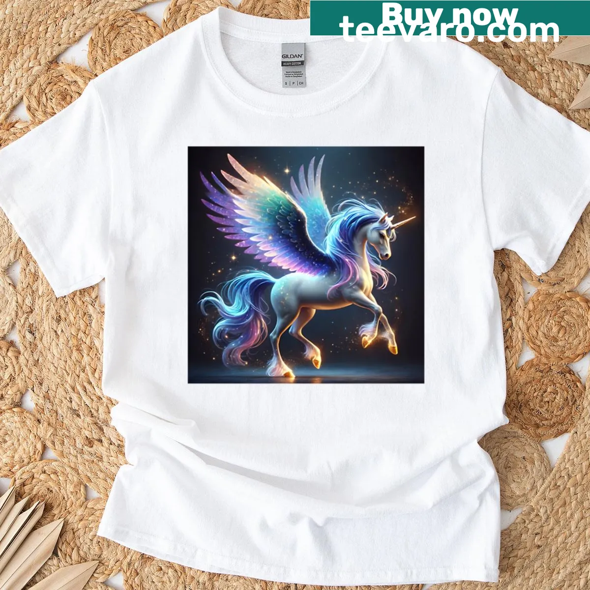 Illustrated Unicorn Pegasus graphic T-shirt featuring cosmic elements — on a men's t-shirt