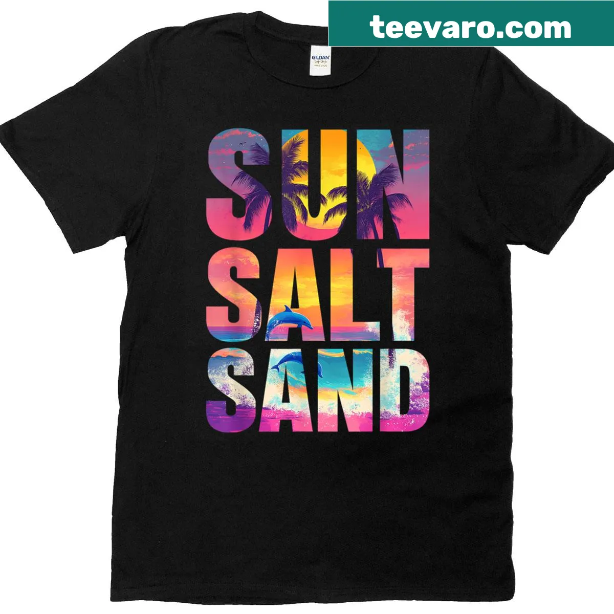 Funny retro beach vibes shirt with sun, salt, and sand text — on a men's t-shirt