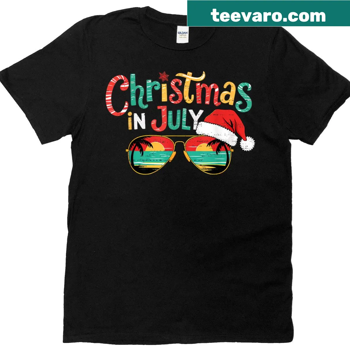 Playful Christmas in July shirt with sunglasses and holiday design — on a men's t-shirt
