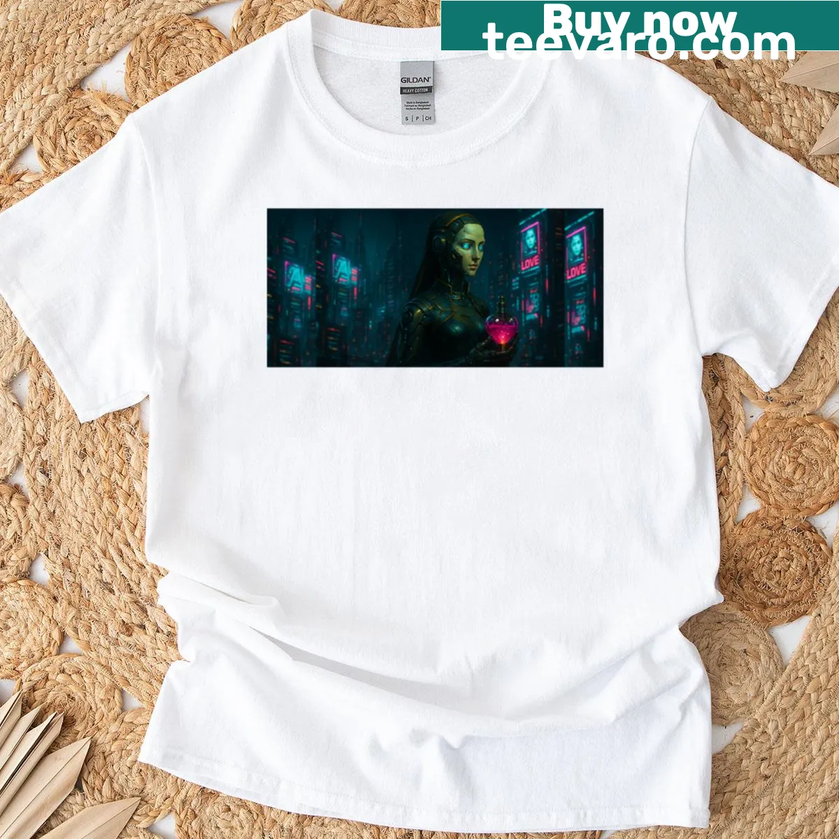 Abstract typography design of 'Synthetic Love' on a T-shirt — on a men's t-shirt
