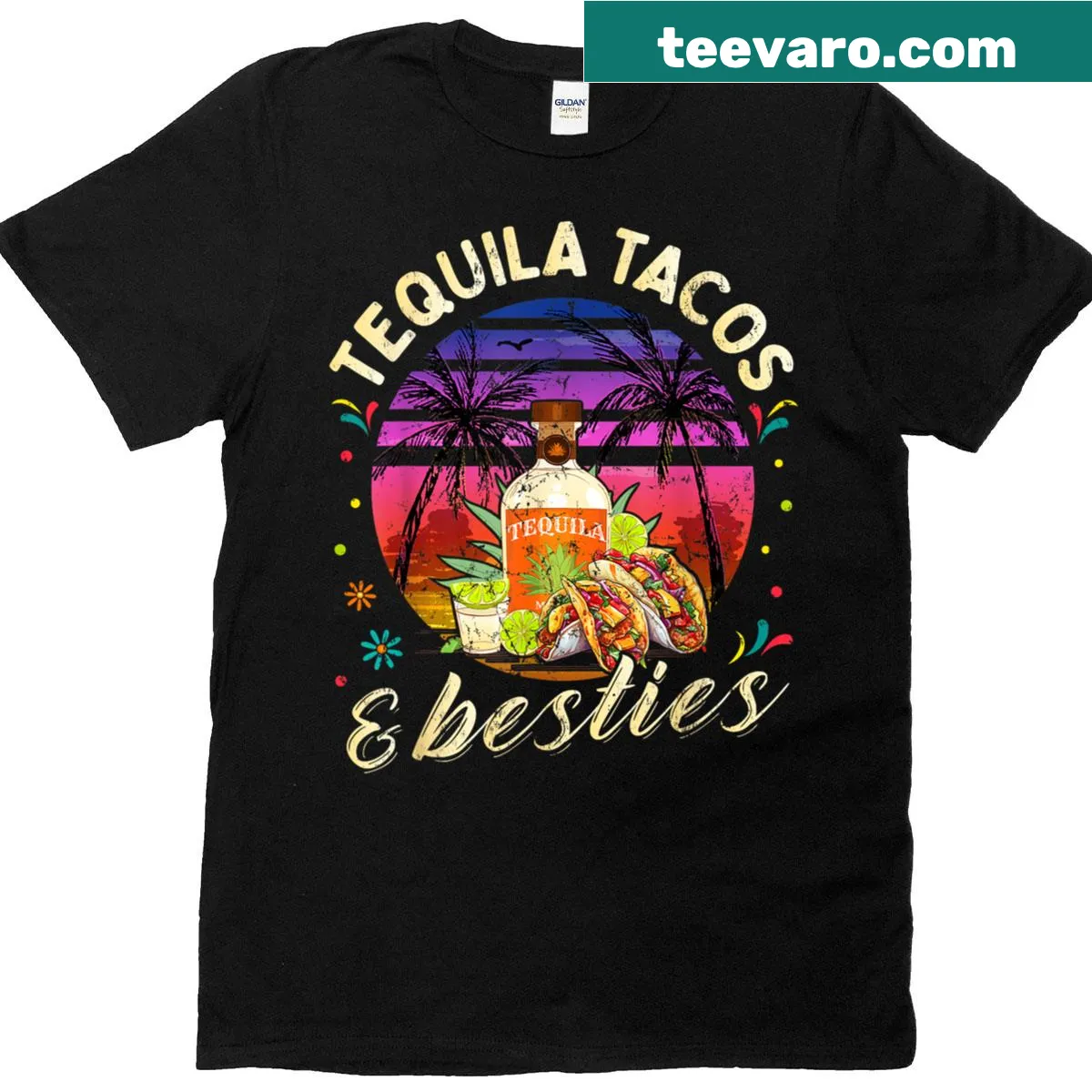 Playful T-shirt featuring tequila, tacos, and best friends — on a men's t-shirt
