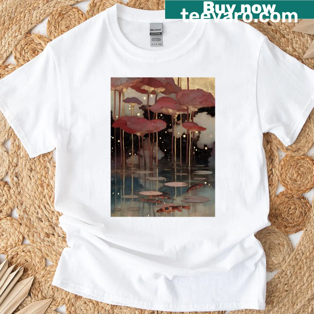 Illustrated T-shirt featuring a whimsical lake scene with fish swimming backward. — on a men's t-shirt