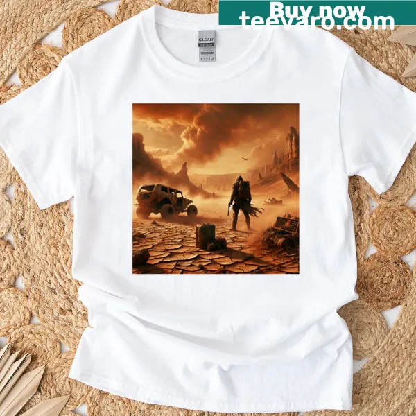 Oversized T-shirt featuring a lone figure standing in a post-apocalyptic wasteland.