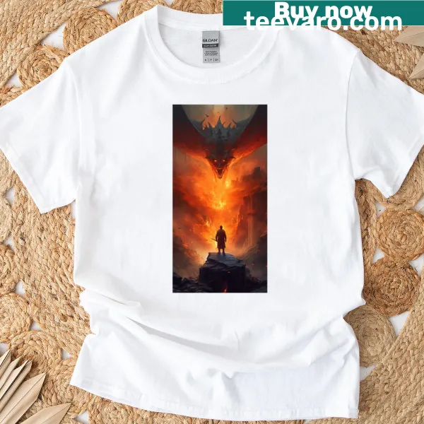 Oversized T-shirt depicting a warrior confronting a dragon, illustrating epic fantasy themes.