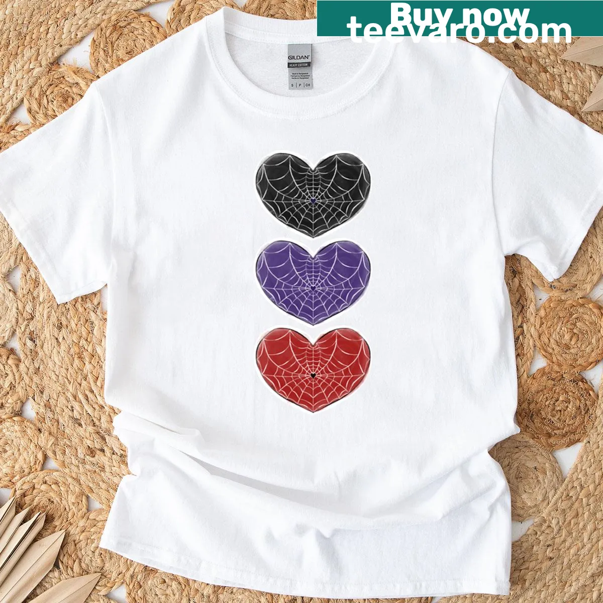 Spider web hearts graphic t-shirt in an artistic style — on a men's t-shirt