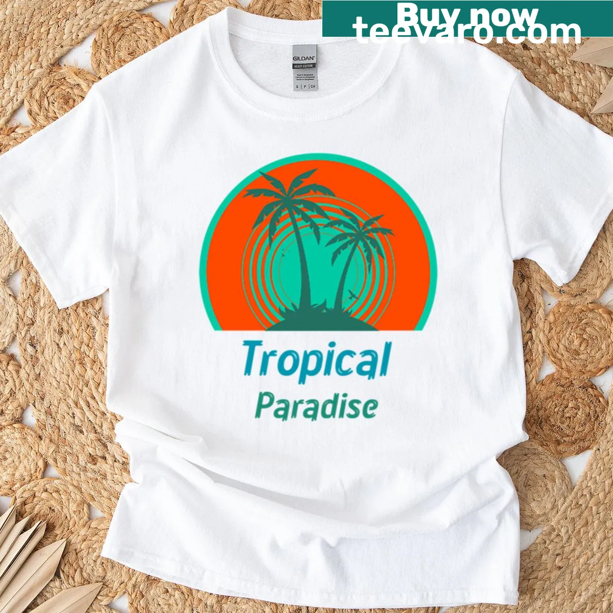 Charming Tropical Paradise t-shirt design — on a men's t-shirt