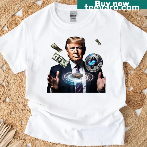 T-shirt with a humorous tornado graphic featuring dollar bills and Bitcoin symbols