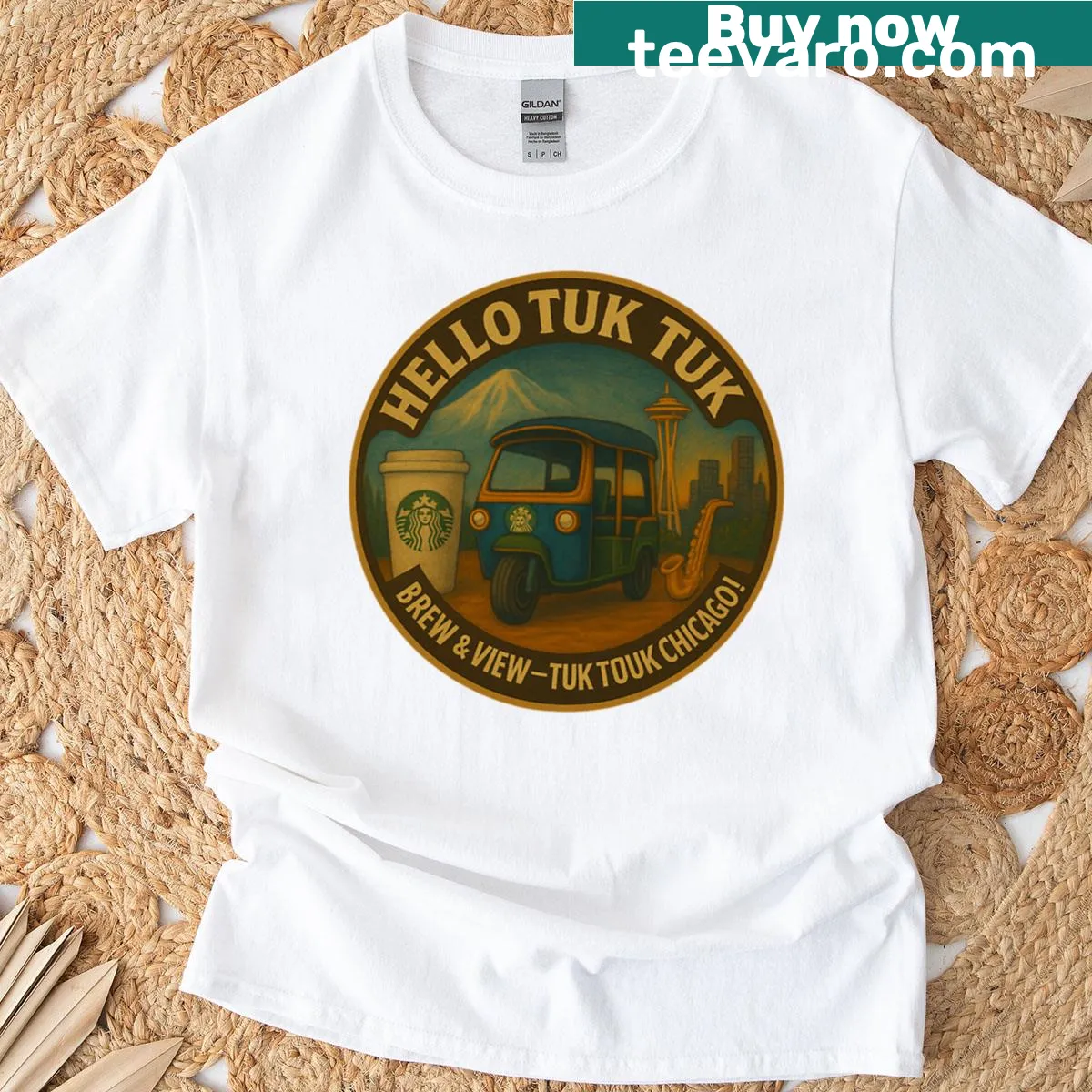 Illustration of tuk-tuk and coffee cup representing Chicago — on a men's t-shirt