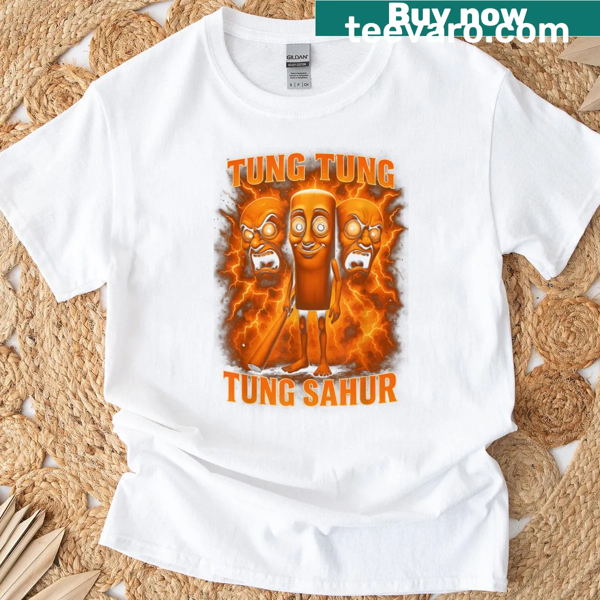 Bootleg T-shirt featuring the phrase 'Tung Tung Tung Sahur' in vintage style — on a men's t-shirt