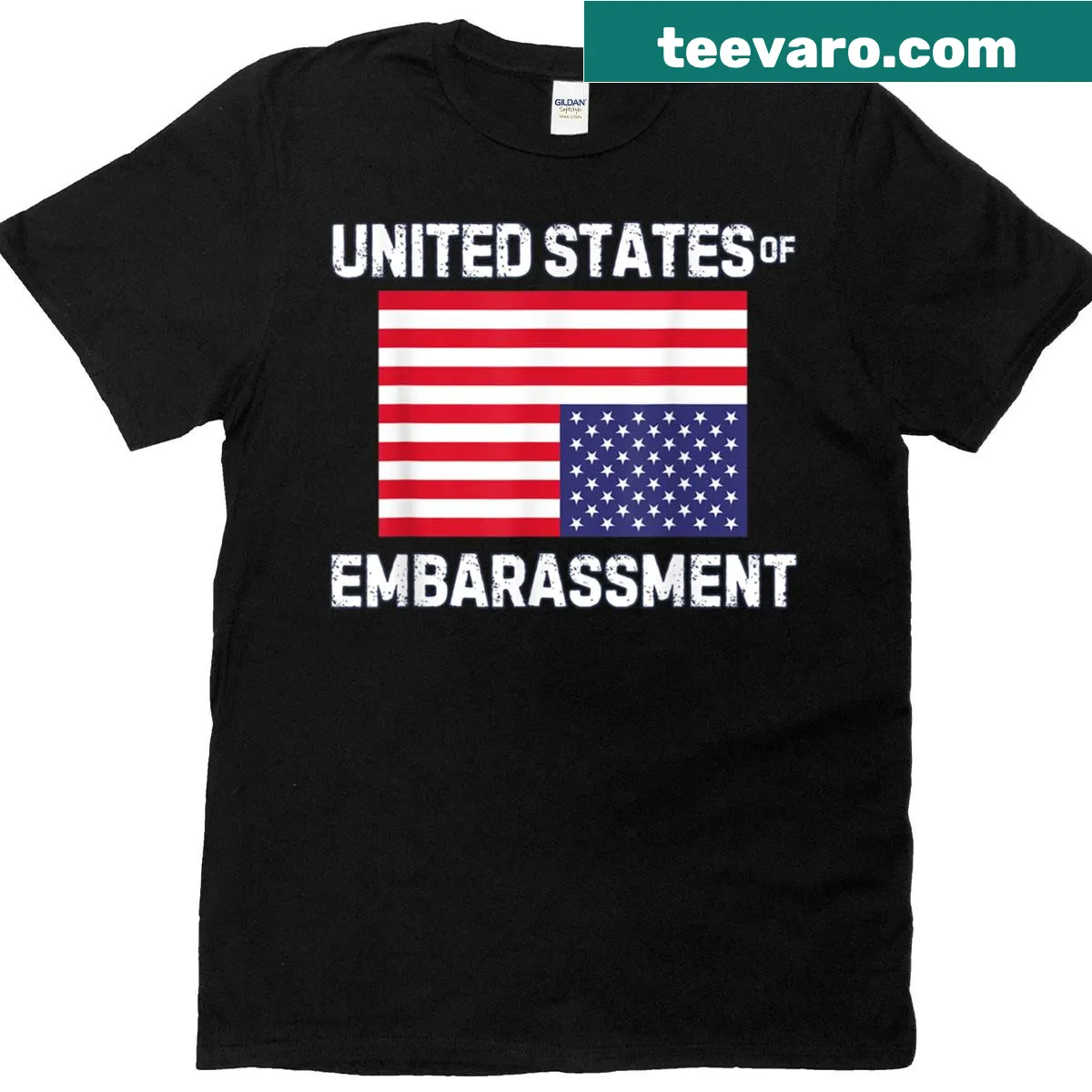 Distressed T-shirt featuring a satirical take on the United States flag — on a men's t-shirt