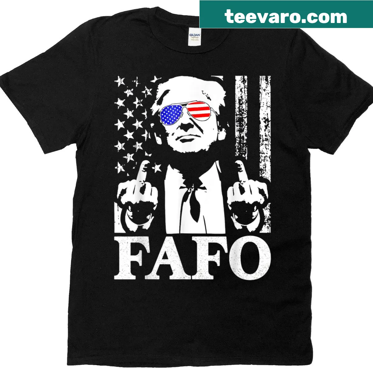Vintage Trump shirt with F Around Find Out slogan and US flag — on a men's t-shirt