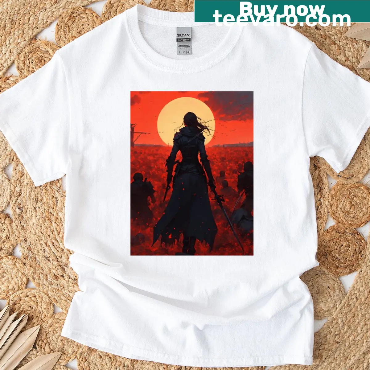Oversized t-shirt with a sunset illustration of Warriors Last Stand — on a men's t-shirt