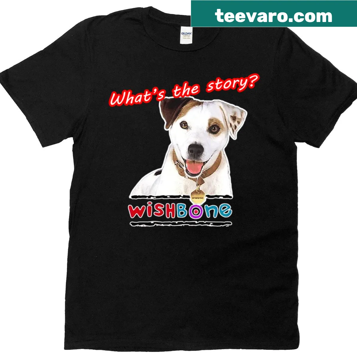 Whimsical tribute t-shirt with an illustration of Wishbone the dog. — on a men's t-shirt