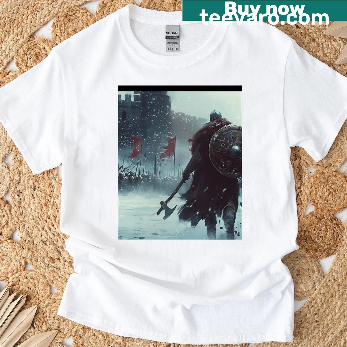 Graphic T-shirt depicting a battle scene at Frostgate — on a men's t-shirt