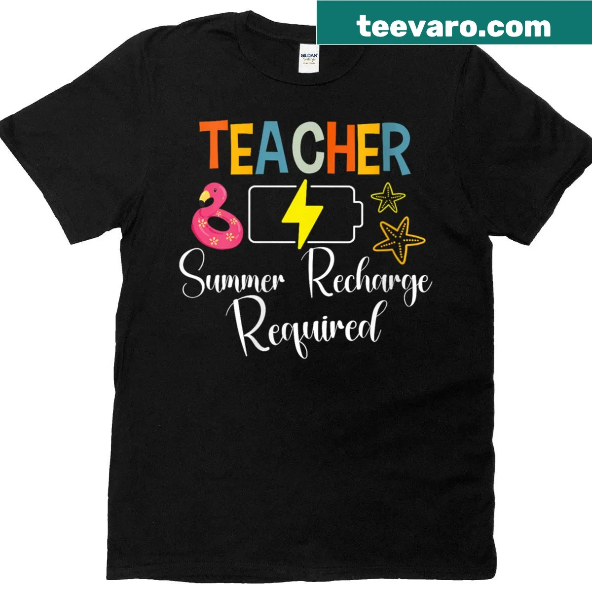 T-shirt featuring the phrase 'Summer Recharge Required' for teachers. — on a men's t-shirt
