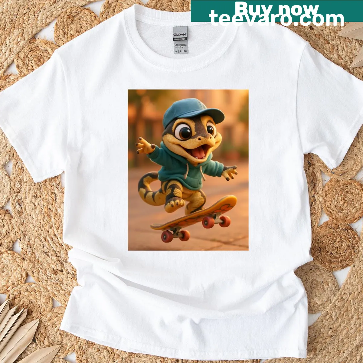 Oversized T-shirt featuring a yellow belly ball python design. — on a men's t-shirt