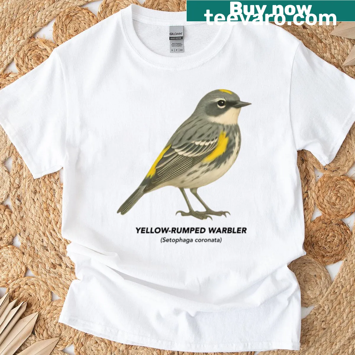 Illustrative T-shirt featuring a yellow-rumped warbler bird design. — on a men's t-shirt