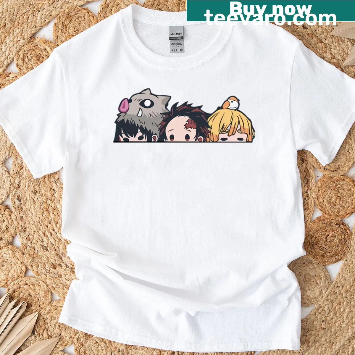 Design featuring Zenitsu, Tanjiro, and Inosuke from 'Kimetsu No Yaiba' on a T-shirt — on a men's t-shirt