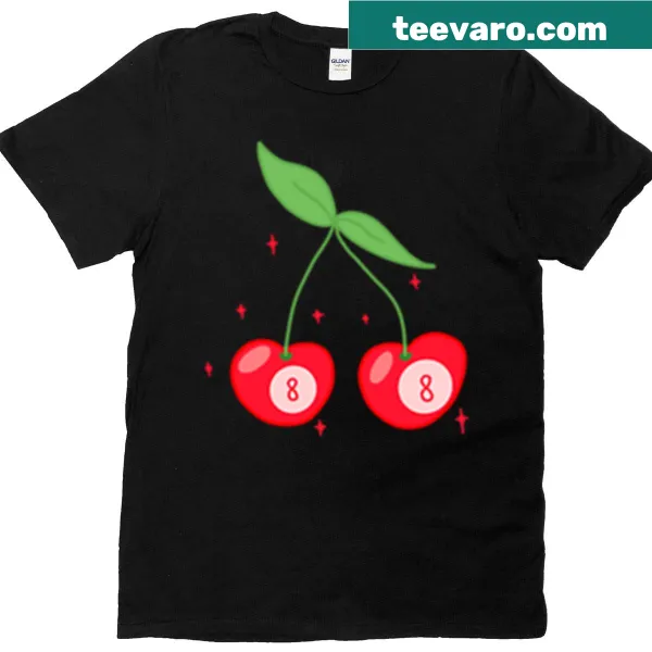 T-shirt featuring playful cherries and an 8-ball graphic design.