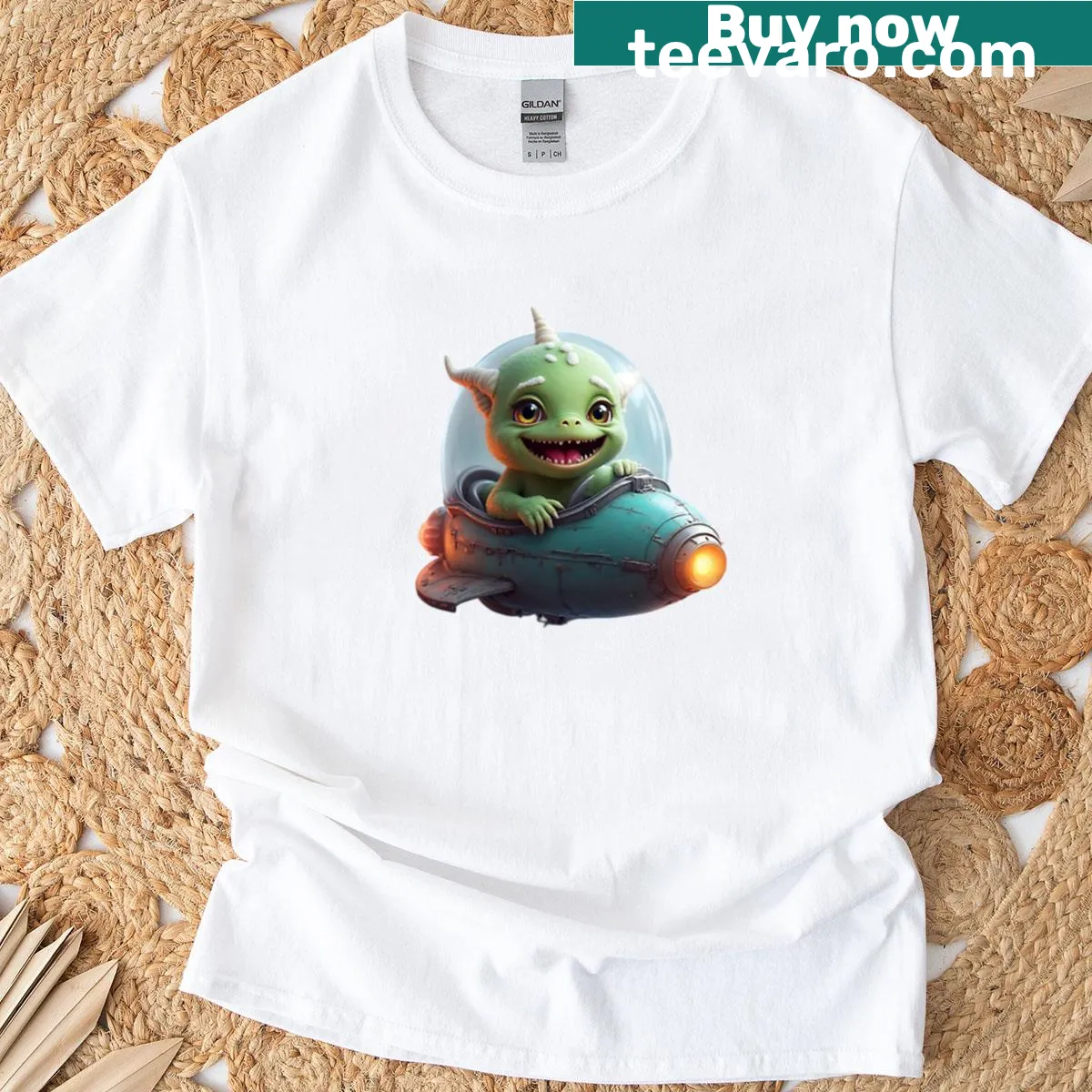 Cute cartoon alien baby pilot in a spaceship T-shirt — on a men's t-shirt