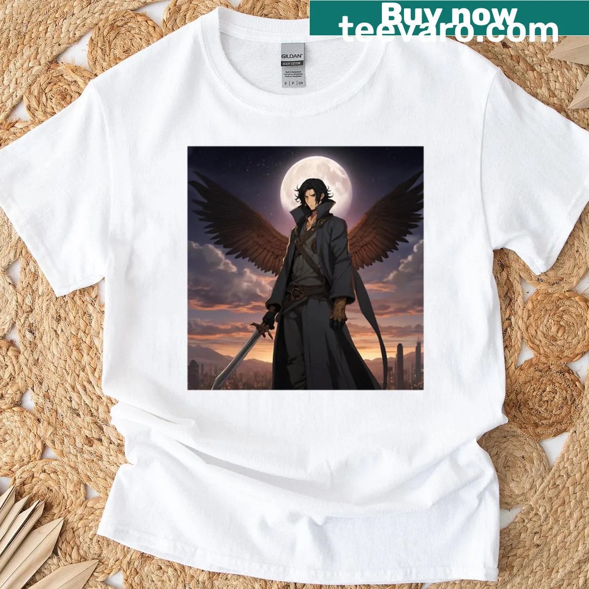 T-shirt depicting an angelic warrior in a heroic pose — on a men's t-shirt
