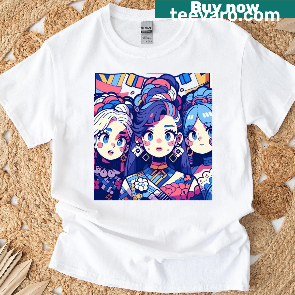 Animated T-shirt featuring diverse anime girls in celebration — on a men's t-shirt